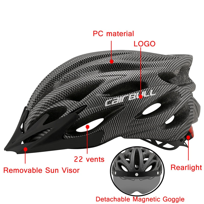 Ultralight Cycling Safety Helmet Outdoor Motorcycle Bicycle Taillight Helmet Removable Lens Visor Mountain Road Bike Helmet