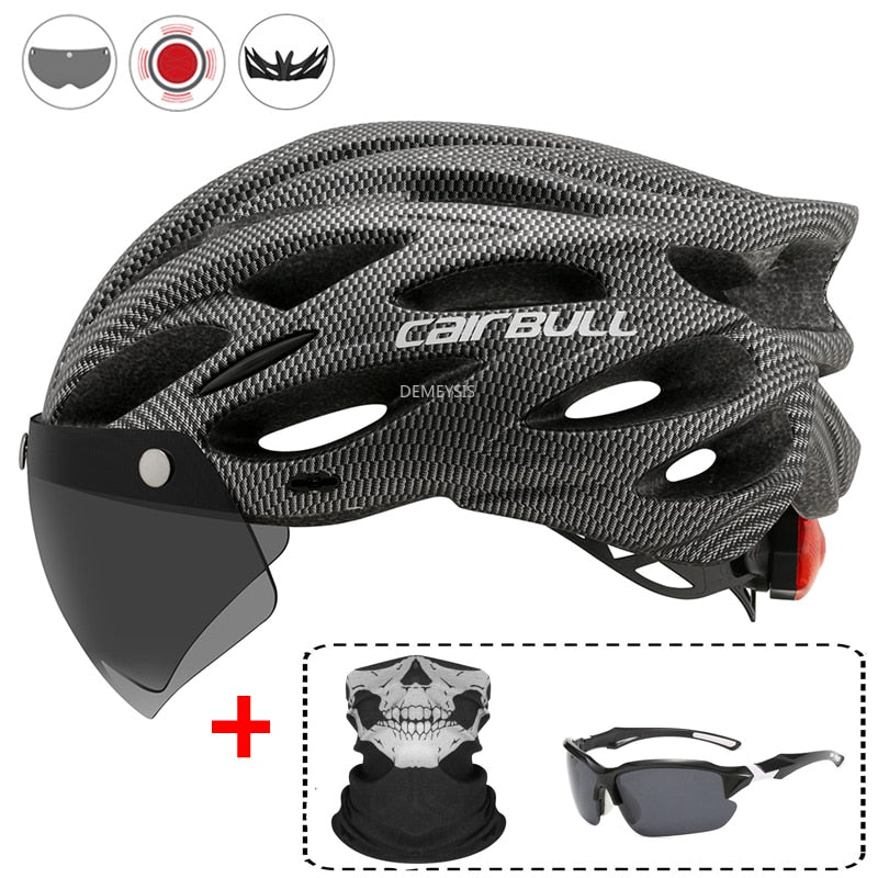 Ultralight Cycling Safety Helmet Outdoor Motorcycle Bicycle Taillight Helmet Removable Lens Visor Mountain Road Bike Helmet